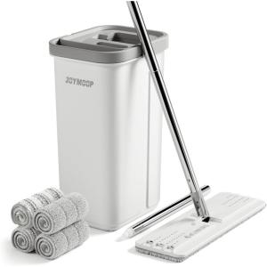 JOYMOOP Mop and Bucket with Wringer Set, Hands Free Flat Floor Mop and Bucket, 60″ Mop with 3 Reusable Microfiber Pads, Wet and Dry Use, Floor Cleaning System(Middle Bucket #13 + 60″ Flat Mop + 4 Pads)