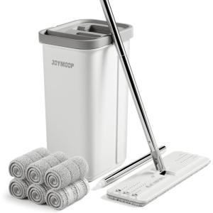 JOYMOOP Mop and Bucket with Wringer Set, Hands Free Flat Floor Mop and Bucket, 60″ Mop with 3 Reusable Microfiber Pads, Wet and Dry Use, Floor Cleaning System(Middle Bucket #13 + 60″ Flat Mop + 6 Pads)