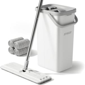 JOYMOOP Mop and Bucket with Wringer Set, Hands Free Flat Floor Mop and Bucket, 60″ Mop with 3 Reusable Microfiber Pads, Wet and Dry Use, Floor Cleaning System(Bucket #22 – 50″ Mop + 4 Grey Mop Pads)
