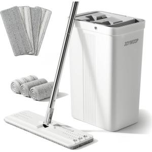 JOYMOOP Mop and Bucket with Wringer Set with 50″ Mop Handle with Flexible 13″ Flat Head with 7pcs Microfiber Mop Pads – White