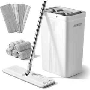 JOYMOOP Mop and Bucket with Wringer Set with 50″ Mop Handle with Flexible 13″ Flat Head with 9 pcs Microfiber Mop Pads – White