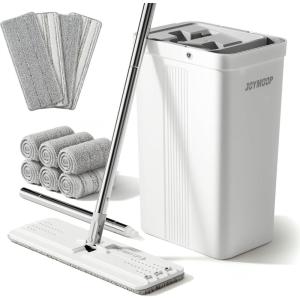 JOYMOOP Mop and Bucket with Wringer Set with 61″ Mop Handle with Flexible 13″ Flat Head with 10 pcs Microfiber Mop Pads – White