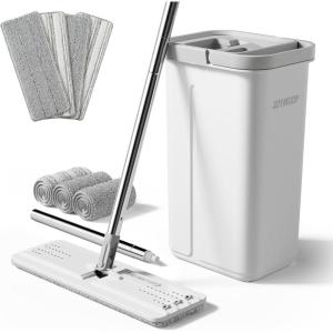 JOYMOOP Mop and Bucket with Wringer Set with 61″ Mop Handle with Flexible 13″ Flat Head with 7pcs Microfiber Mop Pads – White