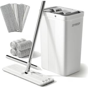 JOYMOOP Mop and Bucket with Wringer Set with 61″ Mop Handle with Flexible 13″ Flat Head with 8 pcs Microfiber Mop Pads – White