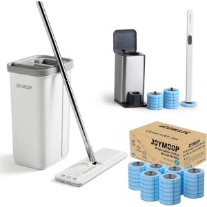 JOYMOOP Ultimate All-in-One Cleaning Bundle: White Flat Mop and Bucket with Microfiber Pad, 12 Disposable Toilet Brushes with 36 Fragrant Refill Pads – Floor, Window and Bathroom Cleaner Kit