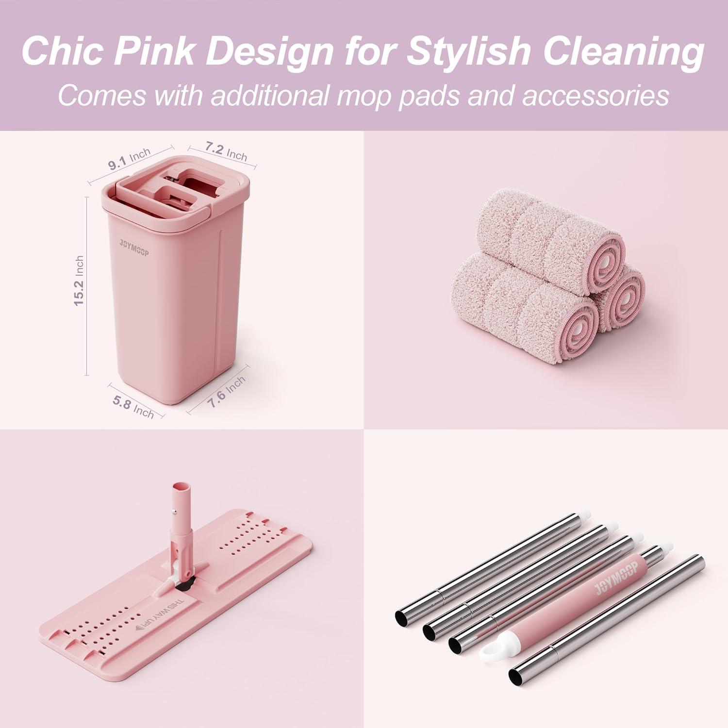 image:imageJOYMOOP Pink Mop and Bucket with Wringer Set for Home with 3 Reusable Microfiber Mop Pads HandsFree SelfCleaning System Suitable for Floor Cleaning and Wall CleanerPink