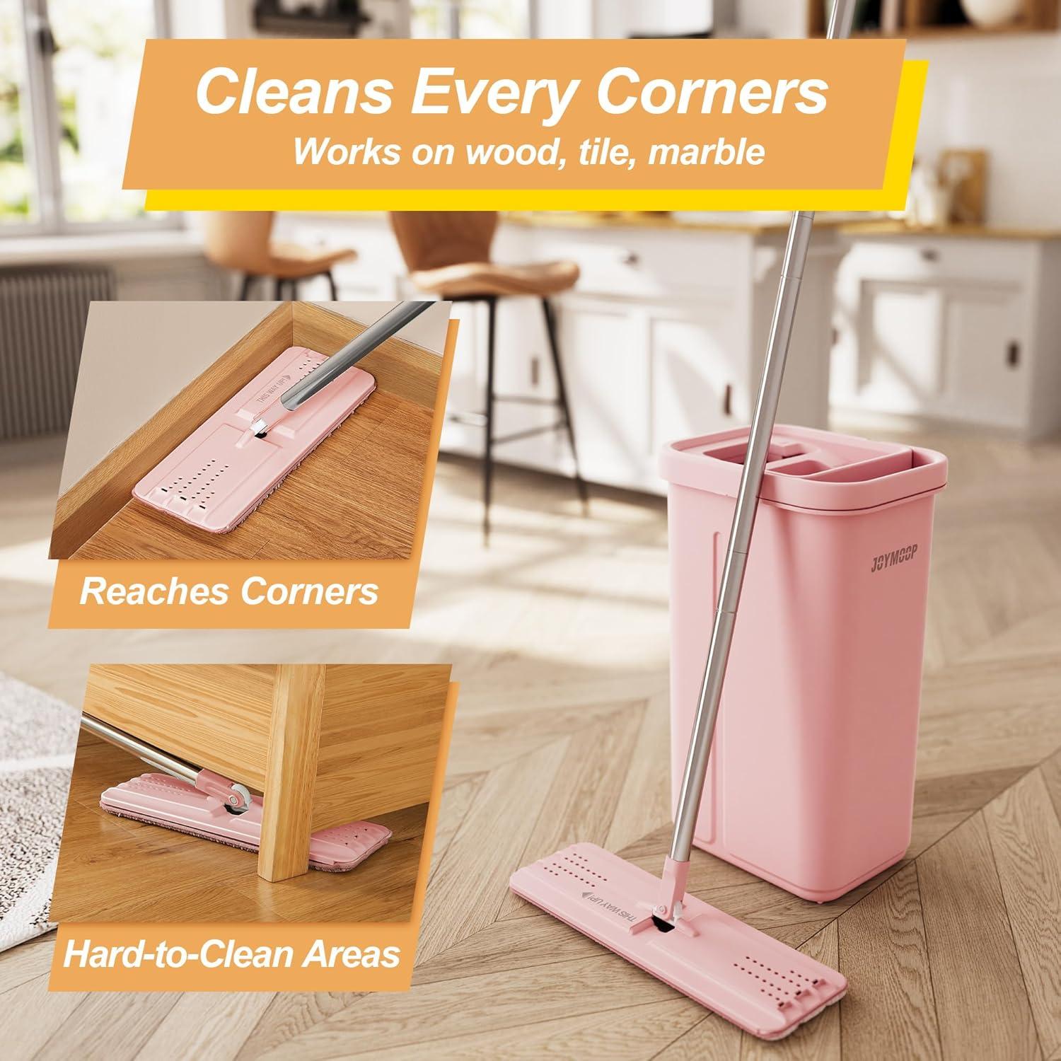 image:imageJOYMOOP Pink Mop and Bucket with Wringer Set for Home with 3 Reusable Microfiber Mop Pads HandsFree SelfCleaning System Suitable for Floor Cleaning and Wall CleanerPink
