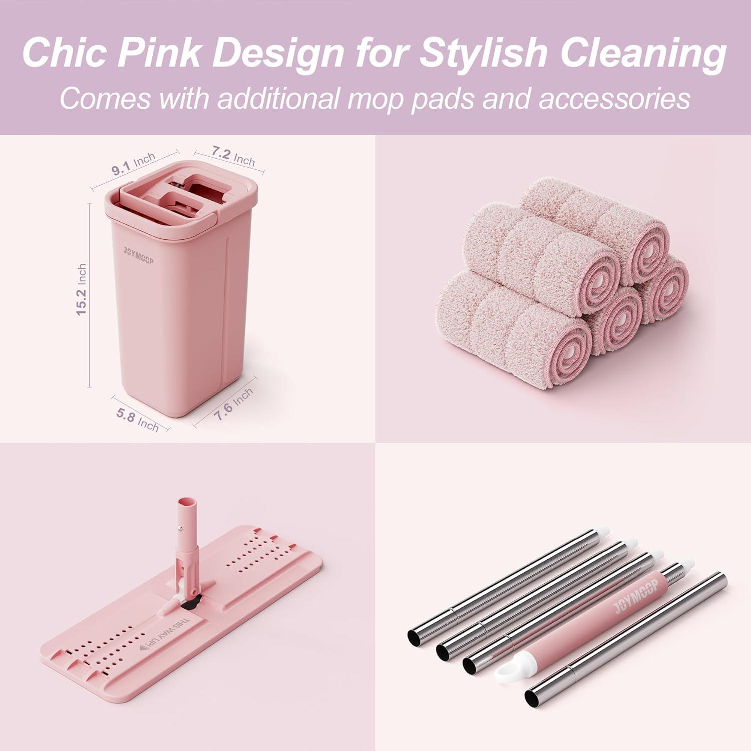image:imageJOYMOOP Pink Mop and Bucket with Wringer Set for Home with 3 Reusable Microfiber Mop Pads HandsFree SelfCleaning System Suitable for Floor Cleaning and Wall CleanerPink