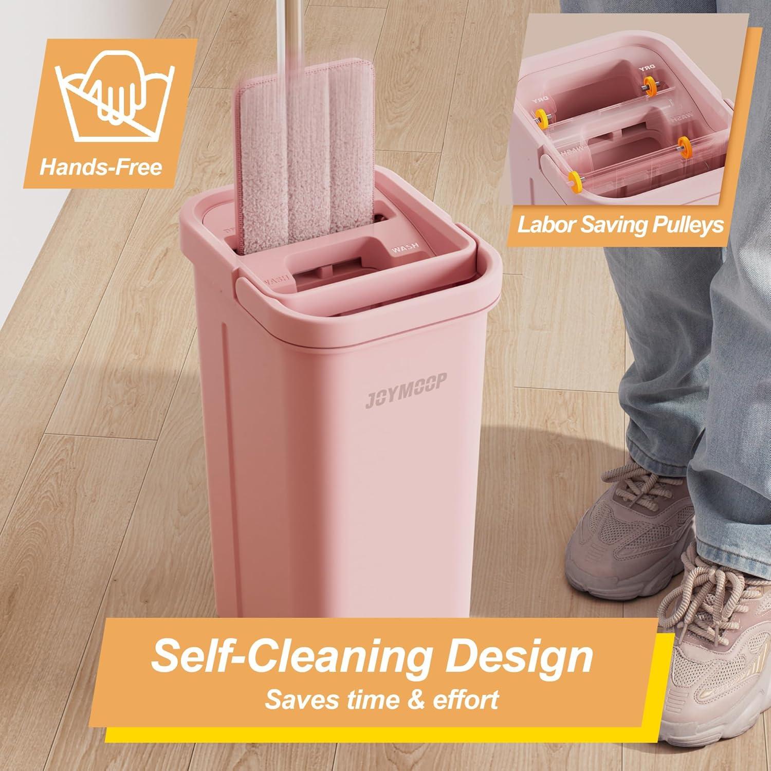 image:imageJOYMOOP Pink Mop and Bucket with Wringer Set for Home with 3 Reusable Microfiber Mop Pads HandsFree SelfCleaning System Suitable for Floor Cleaning and Wall CleanerPink