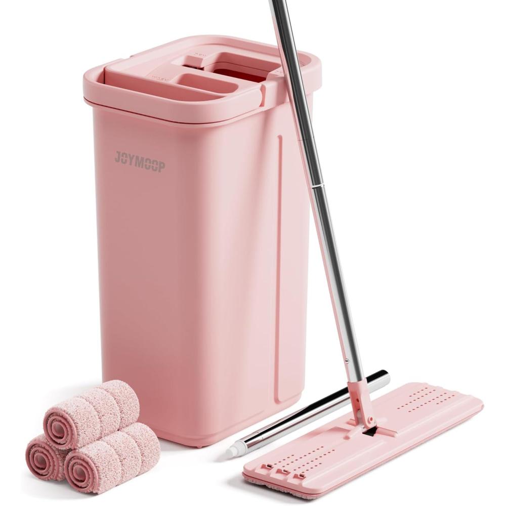 image:imageJOYMOOP Pink Mop and Bucket with Wringer Set for Home with 3 Reusable Microfiber Mop Pads HandsFree SelfCleaning System Suitable for Floor Cleaning and Wall CleanerPink