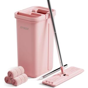 JOYMOOP Pink Mop and Bucket with Wringer Set for Home, with 3 Reusable Microfiber Mop Pads, Hands-Free Self-Cleaning System, Suitable for Floor Cleaning and Wall Cleaner(Pink)