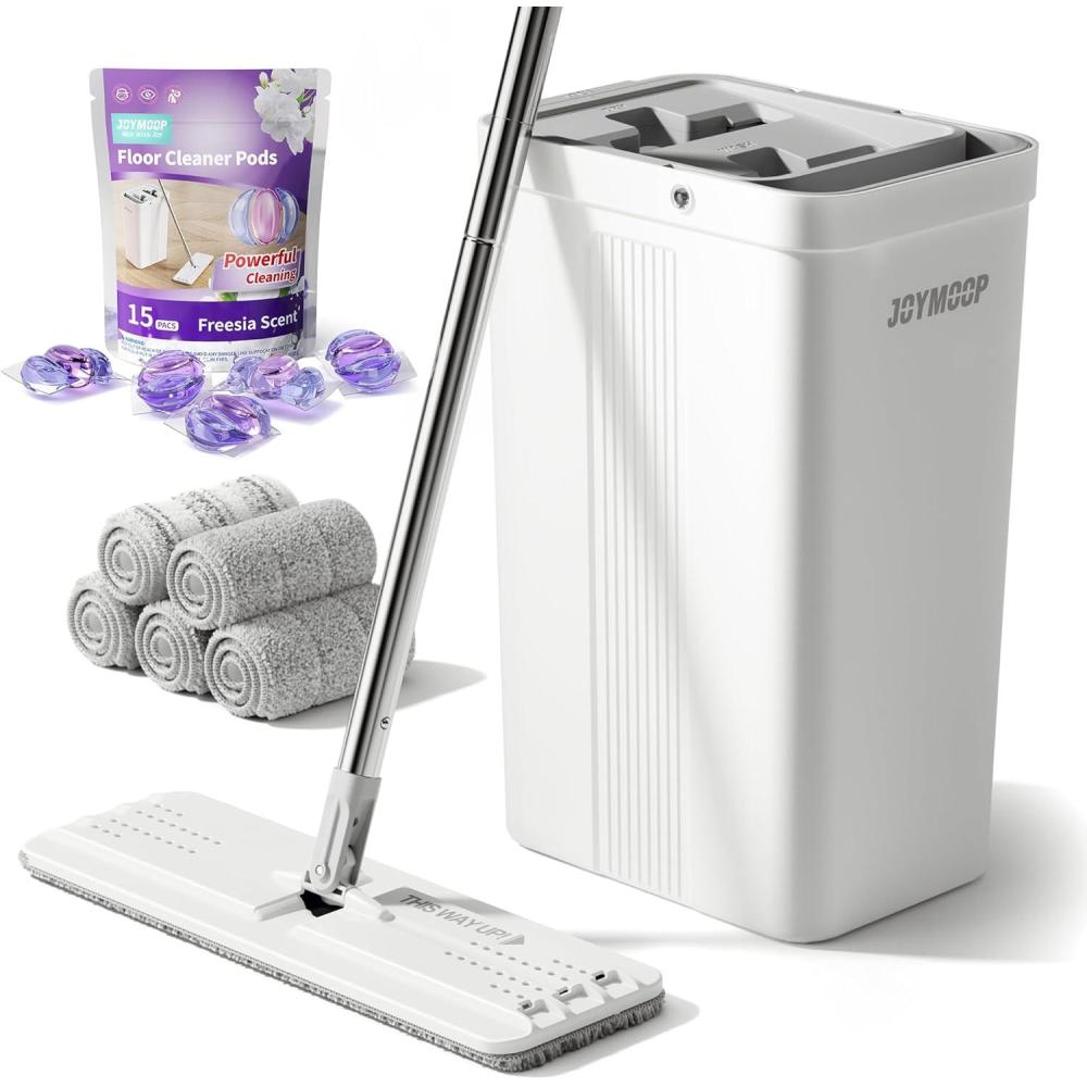 image:imageJOYMOOP Floor Cleaning Bundle White Flat Mop and Bucket Set with 5 Microfiber Cloths with 15 Freesia Scented Cleaner Pods  WetDry Use for Hardwood Tile and Walls