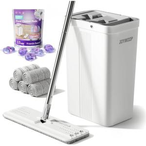 JOYMOOP Floor Cleaning Bundle: White Flat Mop and Bucket Set with 5 Microfiber Cloths with 15 Freesia Scented Cleaner Pods – Wet/Dry Use for Hardwood, Tile and Walls