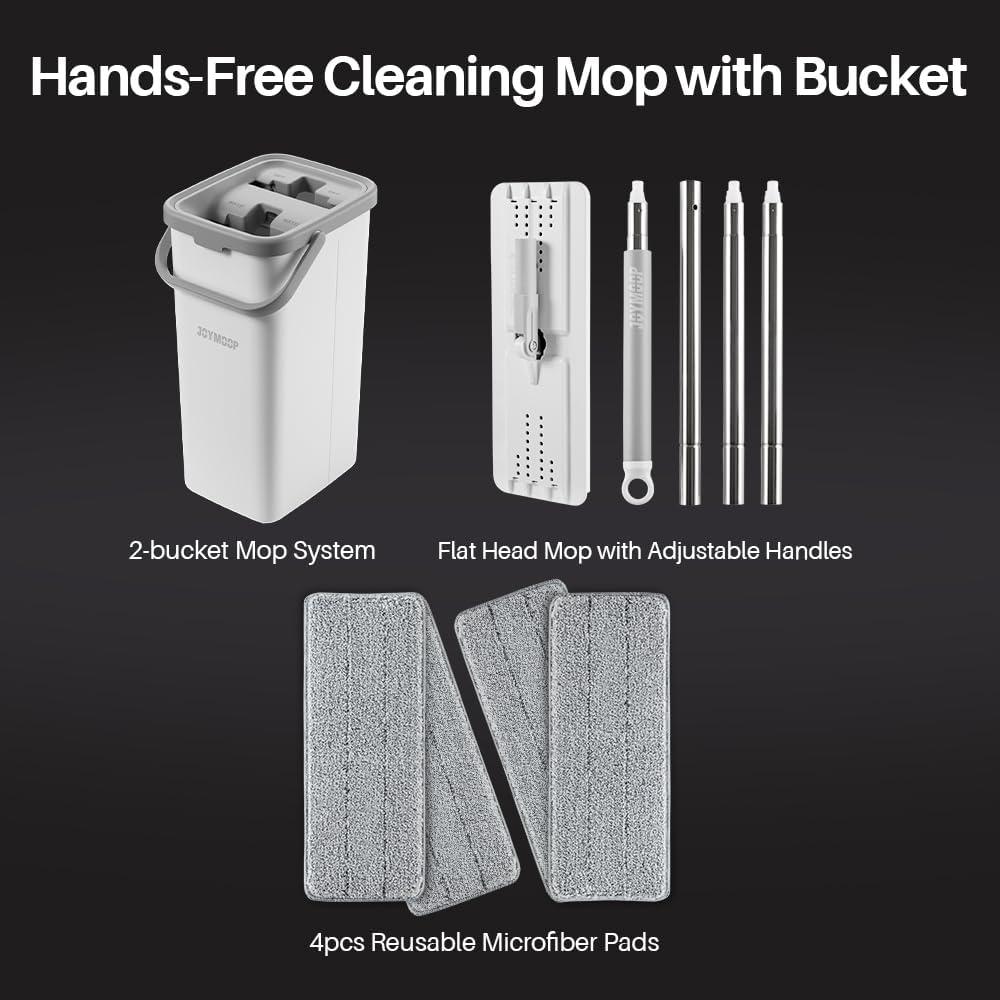 image:imageJOYMOOP Mop and Bucket Set Dust Mops for Floor Cleaning Wall Mop with 8 Microfiber Mop Head ReplacementBucket 22 50 Mop 4 Grey Mop Pads