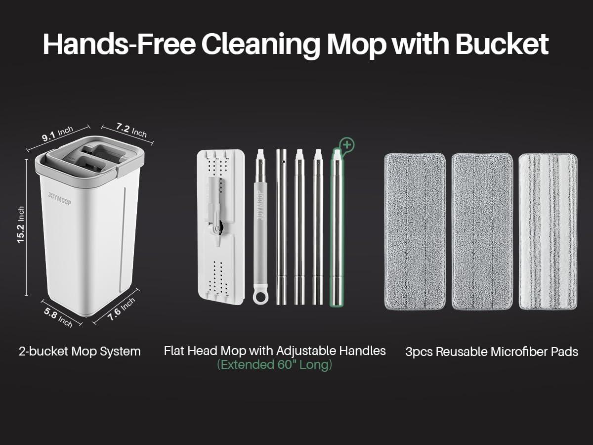 image:imageJOYMOOP Mop and Bucket Set Dust Mops for Floor Cleaning Wall Mop with 8 Microfiber Mop Head ReplacementMiddle Bucket 13 60 Flat Mop 3 Pads