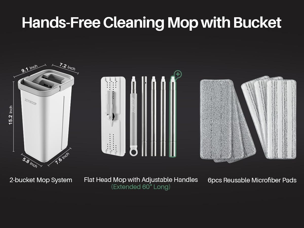 image:imageJOYMOOP Mop and Bucket Set Dust Mops for Floor Cleaning Wall Mop with 8 Microfiber Mop Head ReplacementMiddle Bucket 13 60 Flat Mop 6 Pads