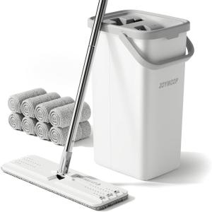 JOYMOOP Mop and Bucket Set, Dust Mops for Floor Cleaning, Wall Mop with 8 Microfiber Mop Head Replacement(Bucket #22 – 50″ Mop + 8 Grey Mop Pads)